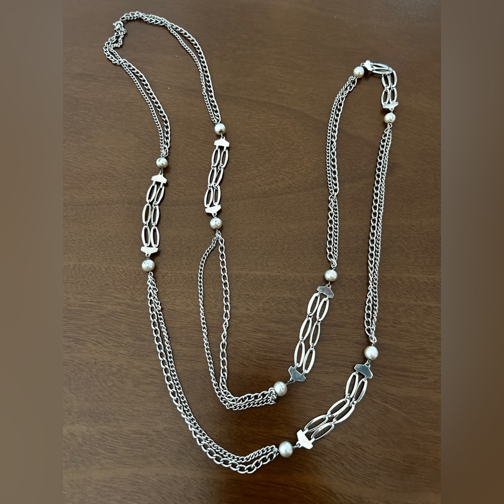 Vintage Silver-Tone Long Multi-Chain Link and Bead Necklace - Women’s Jewelry